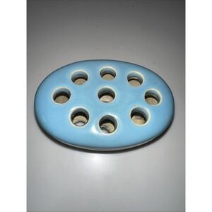 Vintage Ceramic GREEN  9 Hole Flower Frog 3 1/4 wide tall 1 1/2